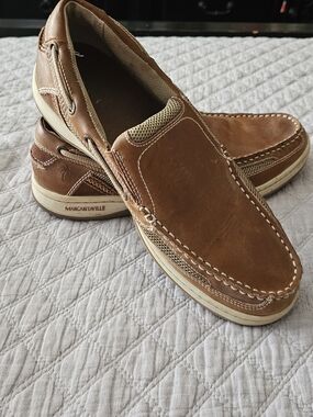 Margaritaville Men's Brown Tan Leather Slip-On Boat Shoes